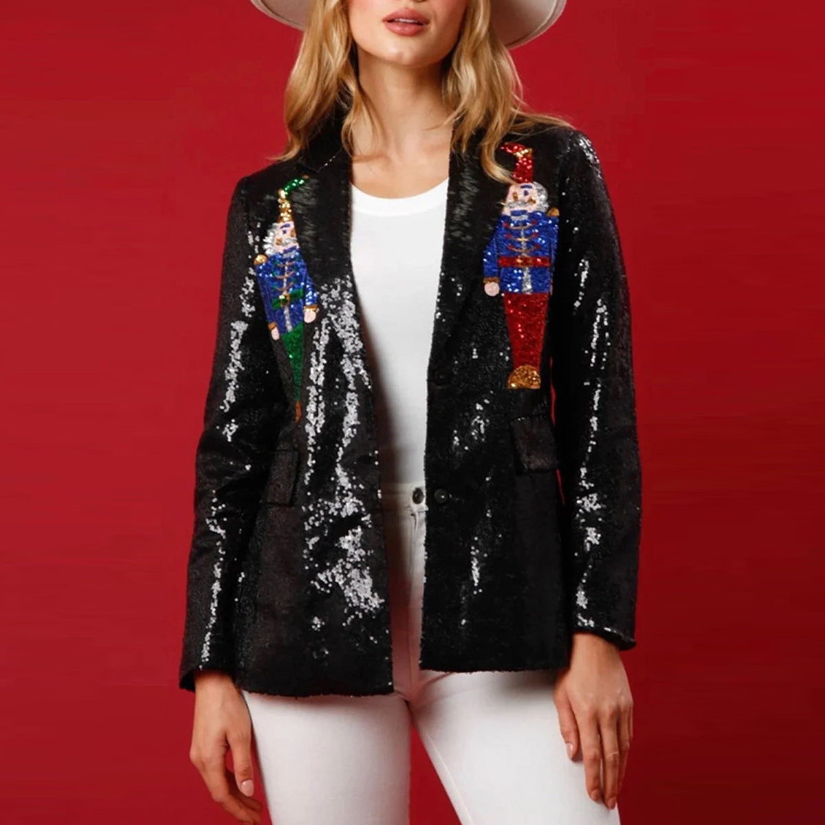 Casual Christmas Nutcracker Sequins Turn-back Collar Blazer Outerwear