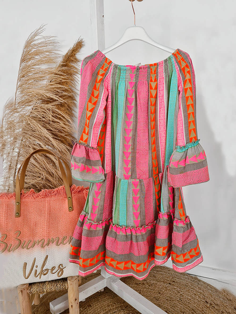 Boho Geometric Print Off Shoulder Long Sleeves Mini Dress