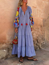 Load image into Gallery viewer, Boho V-neck Tassel Peacock Striped Print Tiered Loose Maxi Dress

