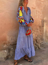 Load image into Gallery viewer, Boho V-neck Tassel Peacock Striped Print Tiered Loose Maxi Dress
