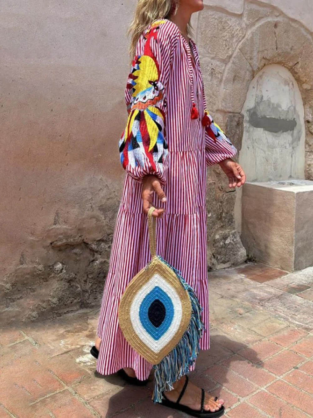 Boho V-neck Tassel Peacock Striped Print Tiered Loose Maxi Dress