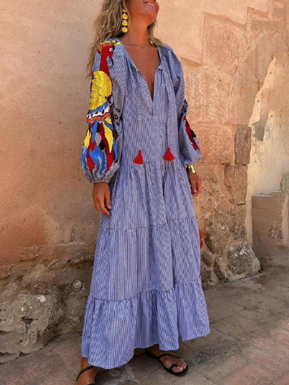 Boho V-neck Tassel Peacock Striped Print Tiered Loose Maxi Dress
