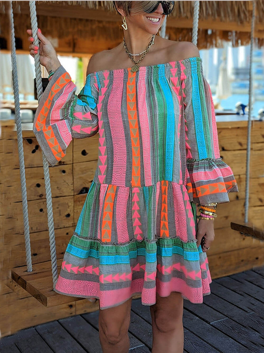 Boho Geometric Print Off Shoulder Long Sleeves Mini Dress