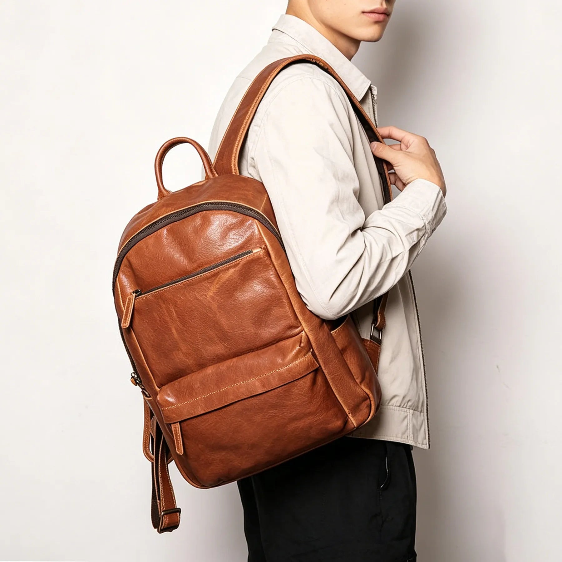 Top Grain Zipper Leather School Backpack Rucksack