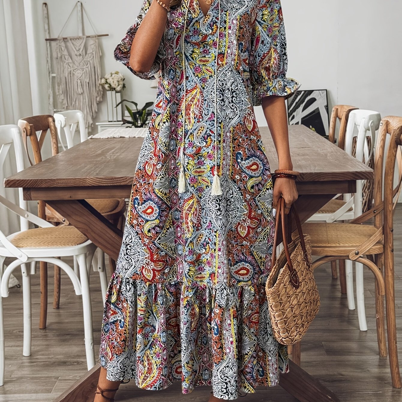 Elegant Boho Paisley Print Half Sleeves Ruffled Trimmed Midi Dress