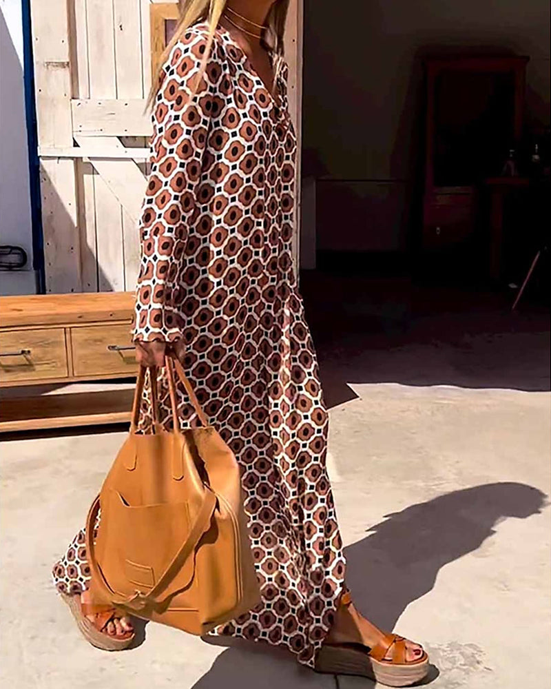 Brown Geometric Print Long Sleeve Maxi Dress