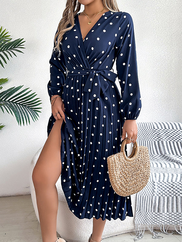 Classic V-neck Long Sleeves Polka Dots Print Midi Dress