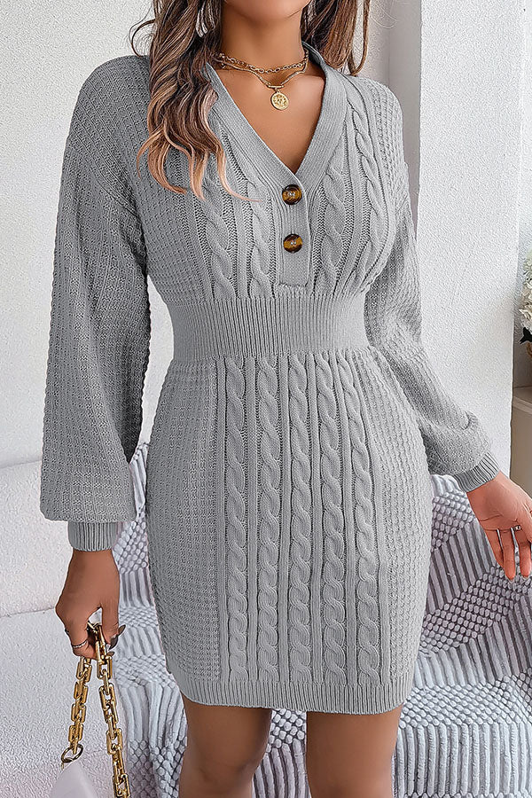 Buttoned V-neck Twist Lantern Sleeves Mini Sweater Dress