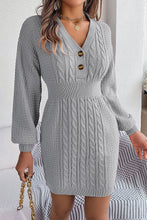 Load image into Gallery viewer, Buttoned V-neck Twist Lantern Sleeves Mini Sweater Dress
