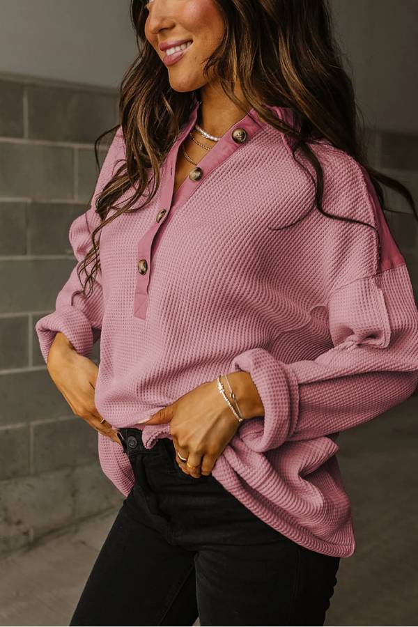 Casual Waffle Patchwork Drop Sleeve Henley Sweatshirt Top
