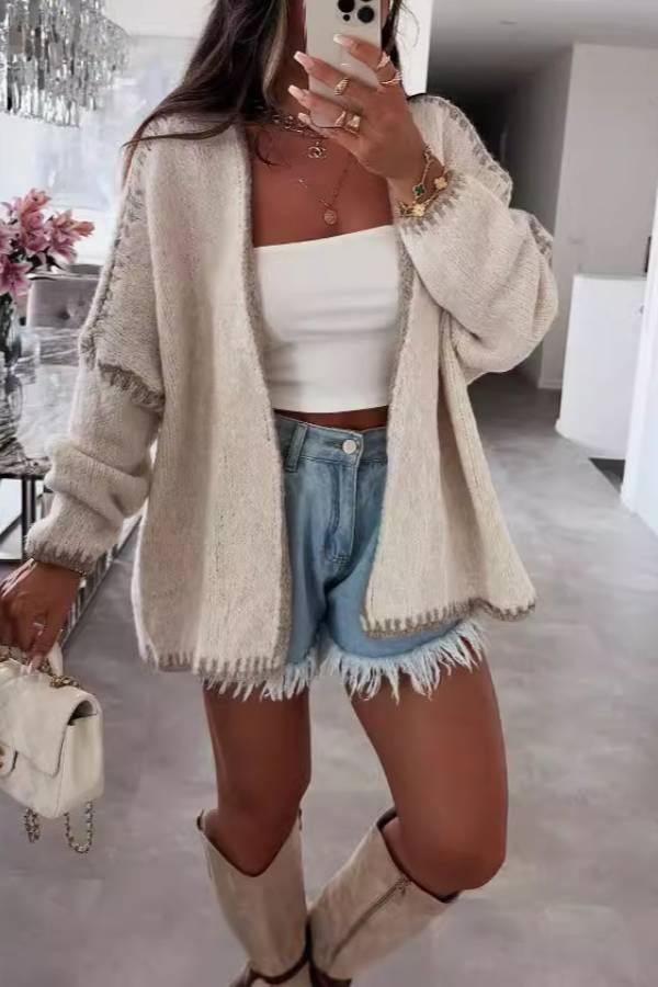 Casual Long-sleeved Loose Trimmed Knitted Cardigan