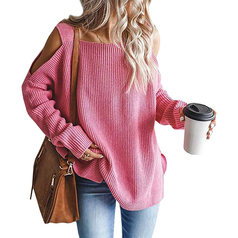 Cold Shoulder Long Sleeve Square Neck Loose Sweater