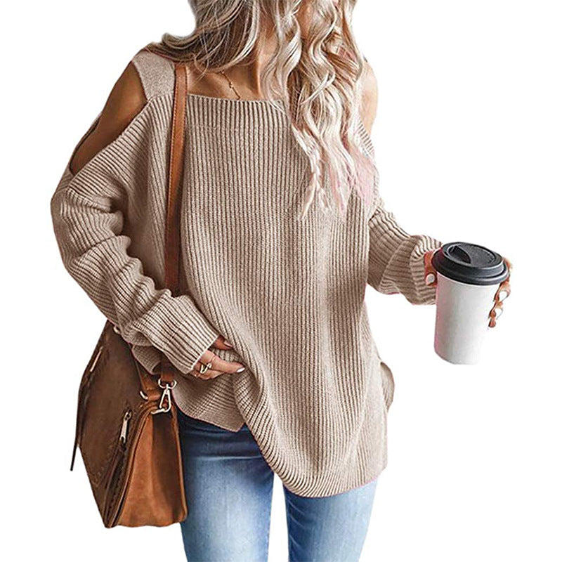 Cold Shoulder Long Sleeve Square Neck Loose Sweater