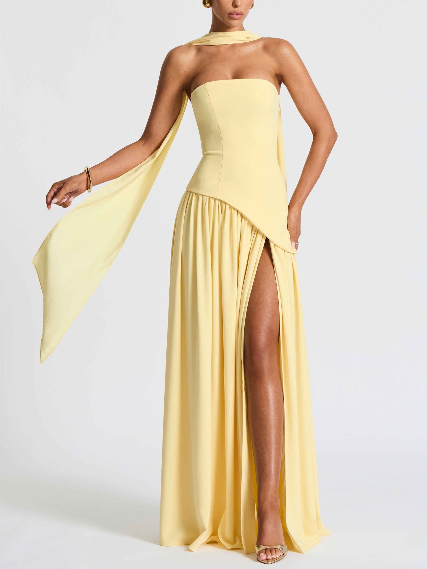 Chic Strapless Patchwork Split Side Maxi Party Dress
