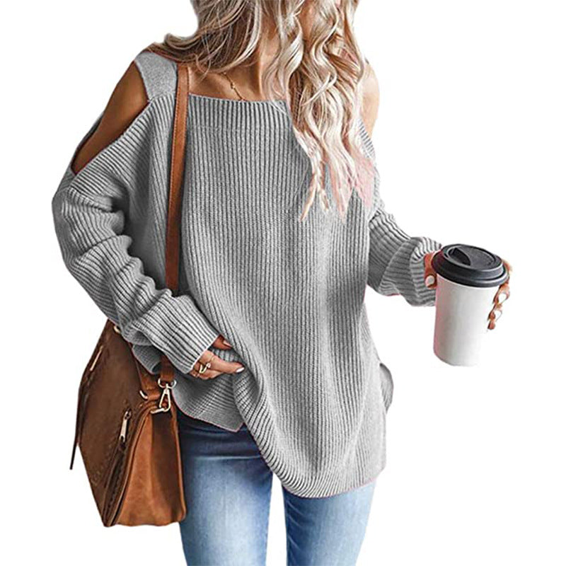 Cold Shoulder Long Sleeve Square Neck Loose Sweater