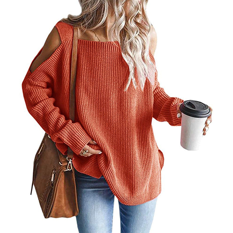 Cold Shoulder Long Sleeve Square Neck Loose Sweater