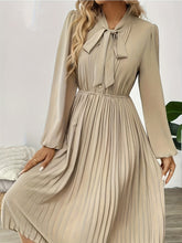 Load image into Gallery viewer, Elegant Beige Tie Neck Pleated Long Sleeve Midi Dress
