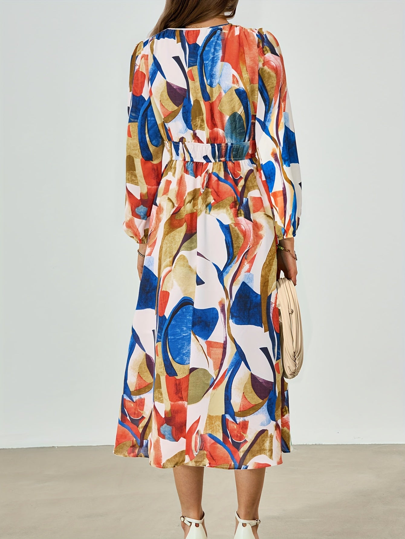 Casual Floral V Neck Long Sleeve Dress