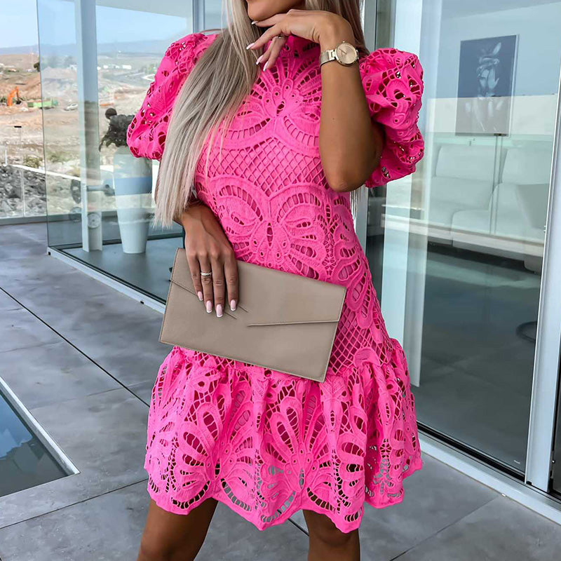 Embroidered Short Sleeve Hollow Out Mini Dress