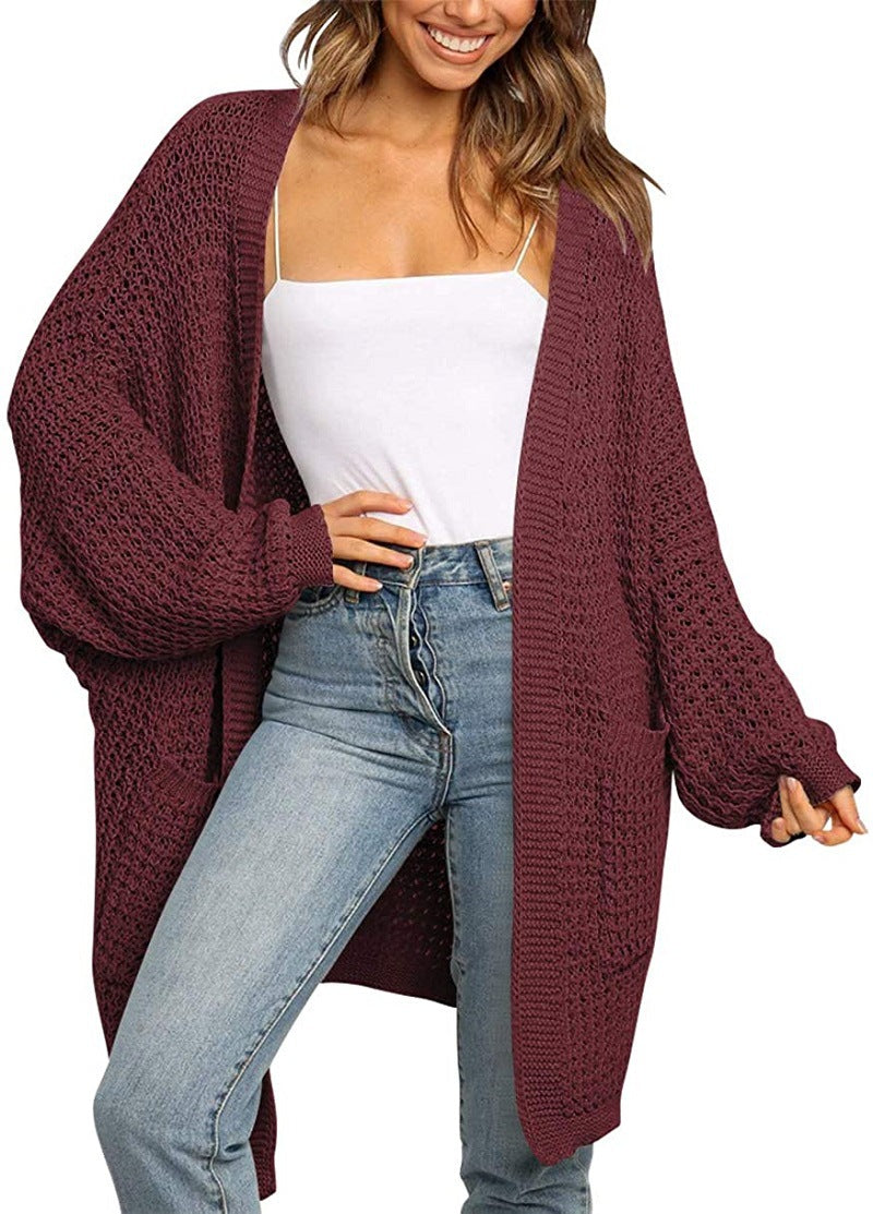 Casual Solid Pocket V Neck Top Sweater Cardigan