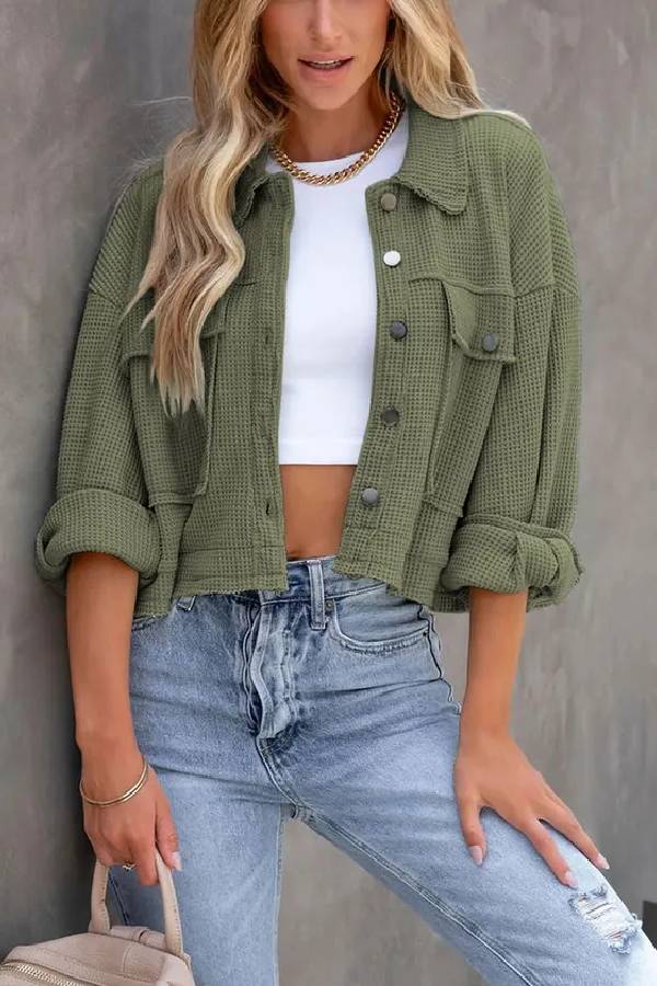 Classic Waffle Cardigan Short Top Jacket
