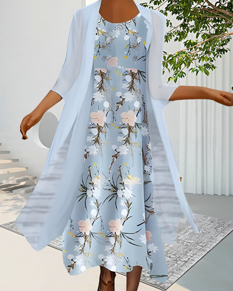 Blue Floral Midi Two Piece Dress