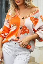 Load image into Gallery viewer, Orange Strawberry Print V-Neck Colorblock Cardigan
