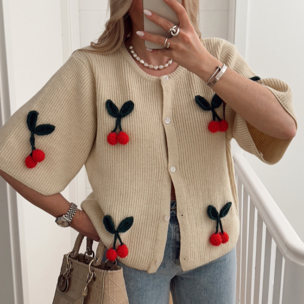 V-neck Cherry Embellished Cardigan Cropped Knitted Sweater