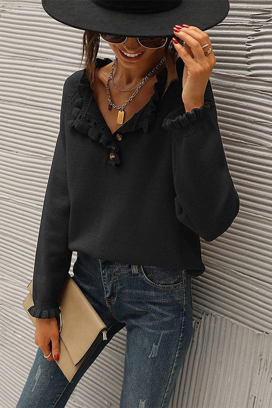 Chic Long Sleeve Button Down Ruffle Knit Pullover Sweater