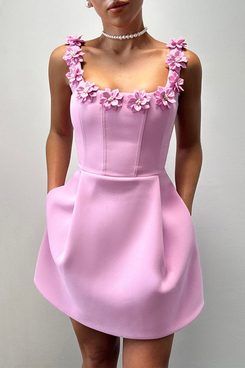 Sexy Round Neck Flower Pocket Princess Mini Dress