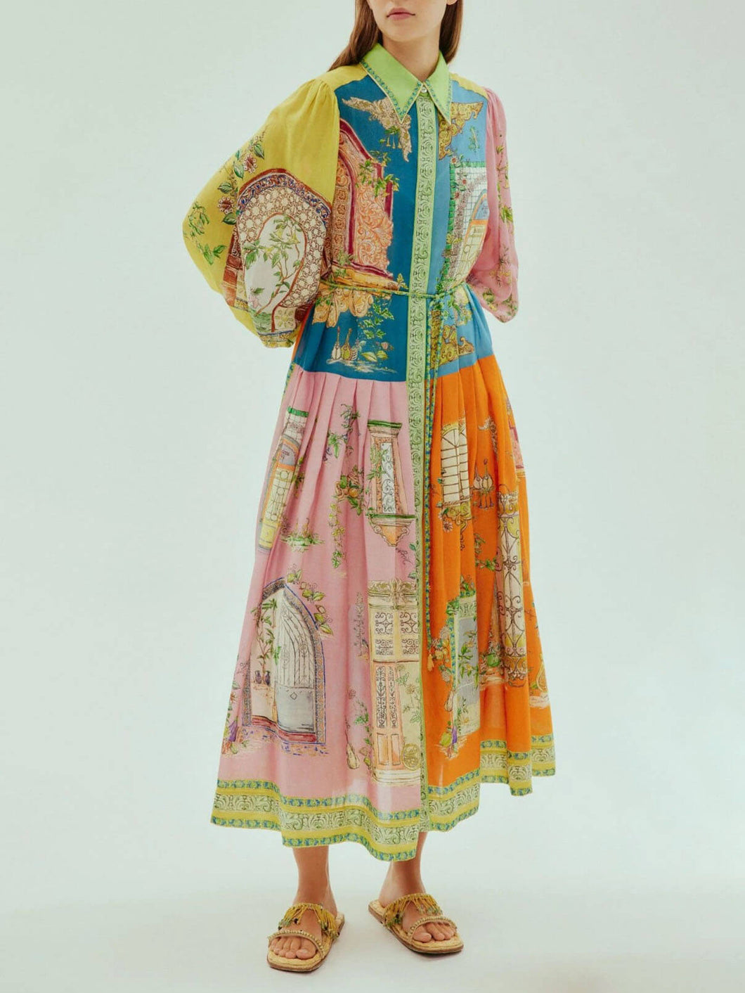 Unique Garden Print Button-Down Long Sleeve Midi Dress