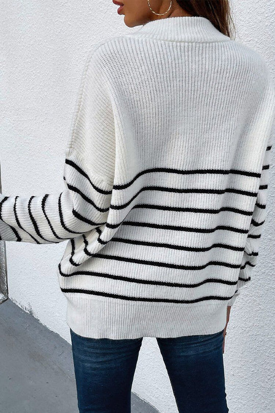 Classic Crew Neck Button Long Sleeves Striped Sweater