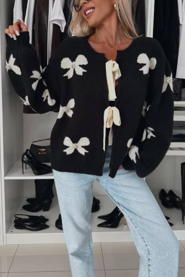Bow Pattern Front Tie-up Long Sleeve Loose Cardigan