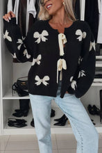 Load image into Gallery viewer, Bow Pattern Front Tie-up Long Sleeve Loose Cardigan
