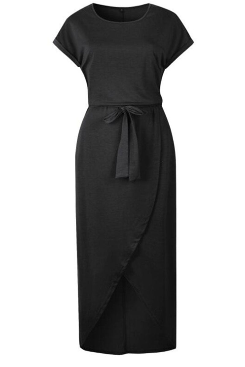 Casual Round Neck Irregular Ruched Slit Front Midi Dress