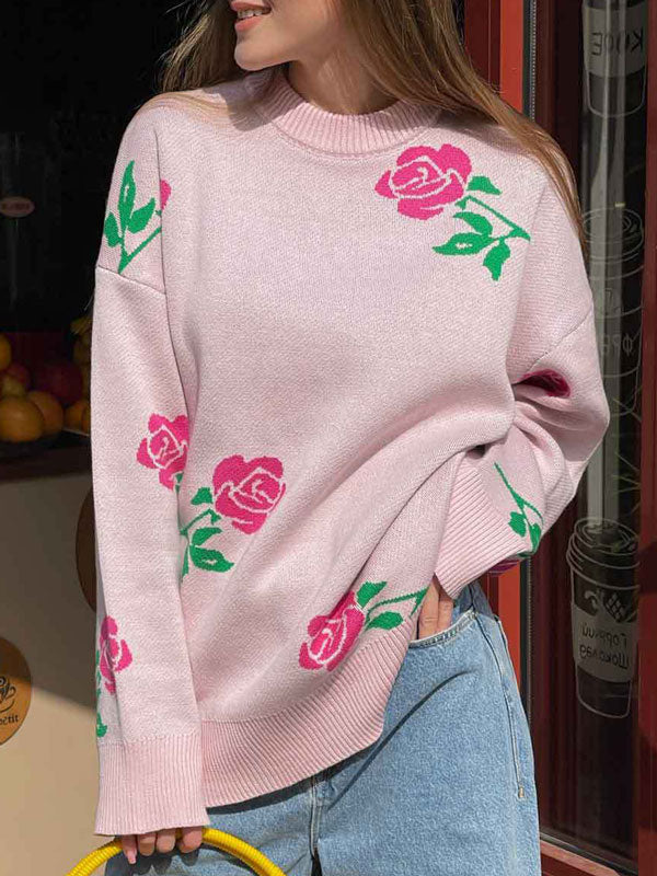 Cute Round Neck Rose Print Long Sleeves Sweater