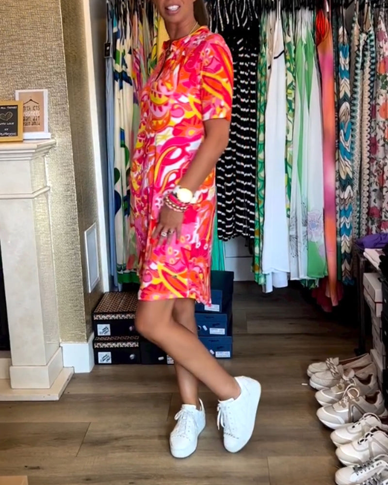 Pink Print Short Sleeve Mini Dress