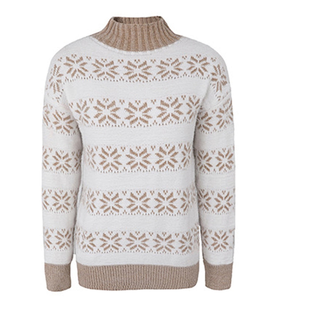 Half Neck Long Sleeve Knitted Snowflake Sweater