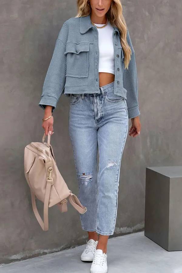 Classic Waffle Cardigan Short Top Jacket