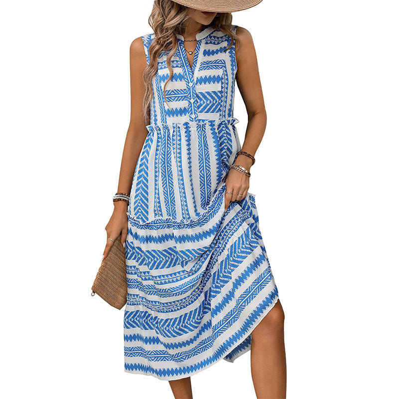 Casual Bohemian Geometric Print Sleeveless Tiered Midi Dress