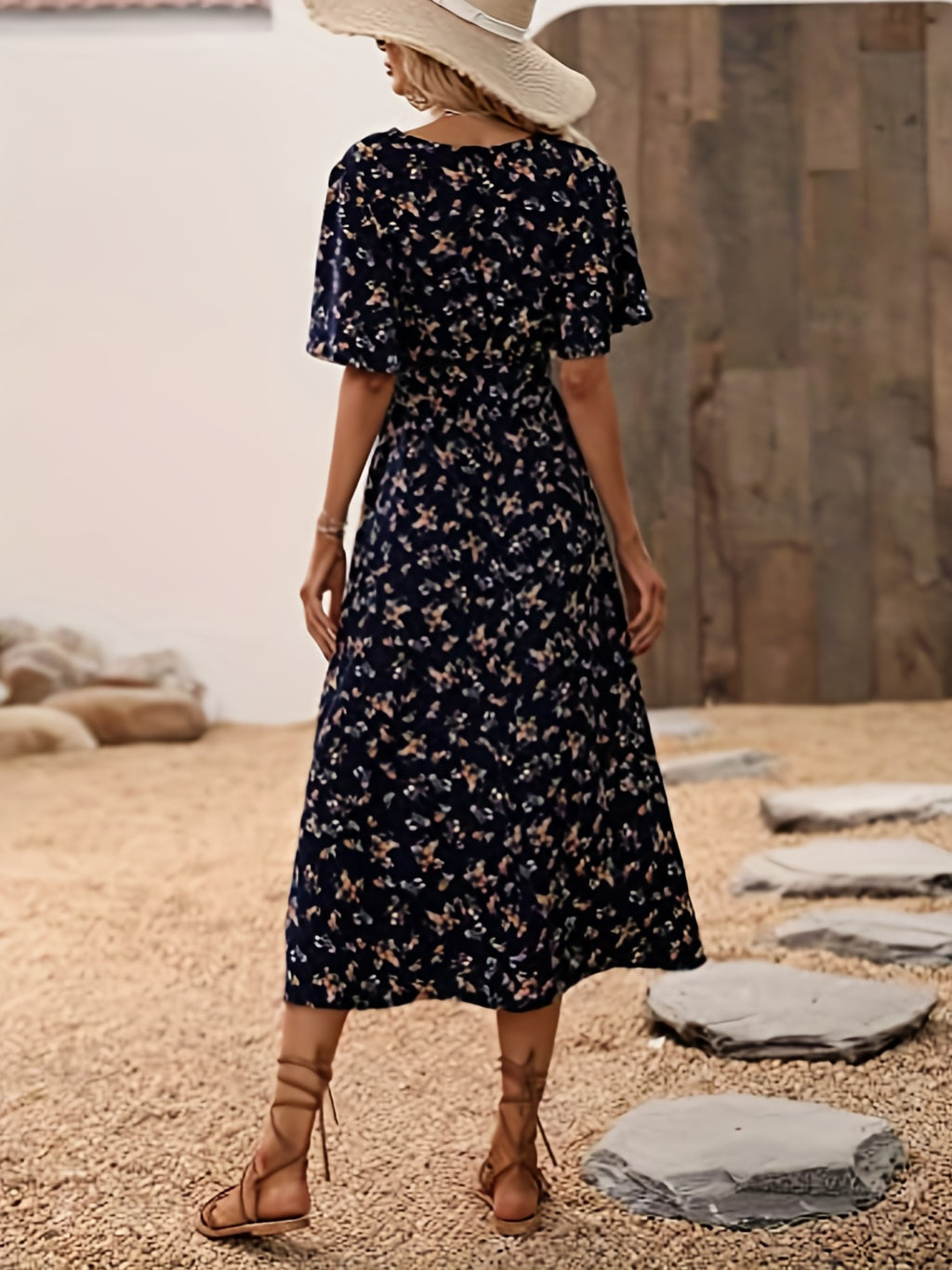 Boho V-neck Floral Print Flutter Short Sleeve Midi Dress