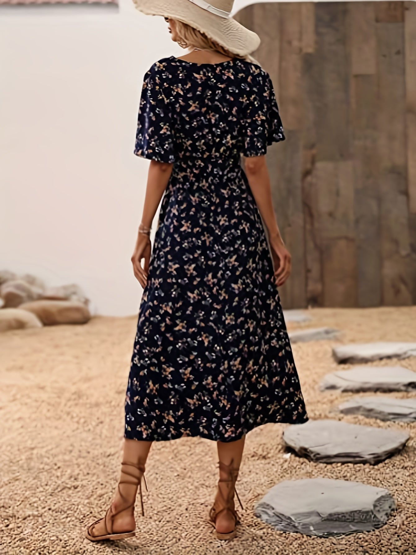 Boho V-neck Floral Print Flutter Short Sleeve Midi Dress