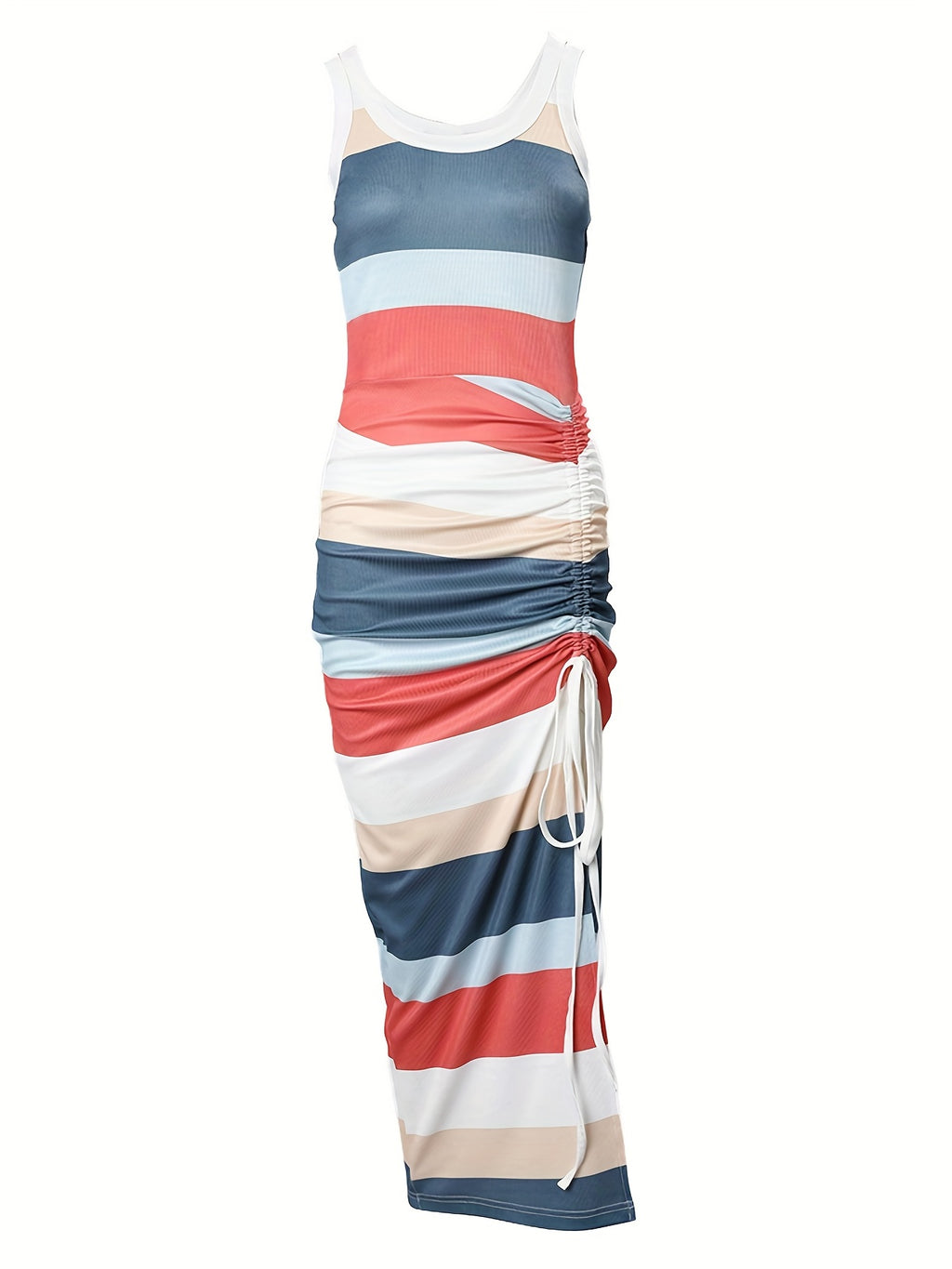 Casual Striped Print Drawstring Midi Dress