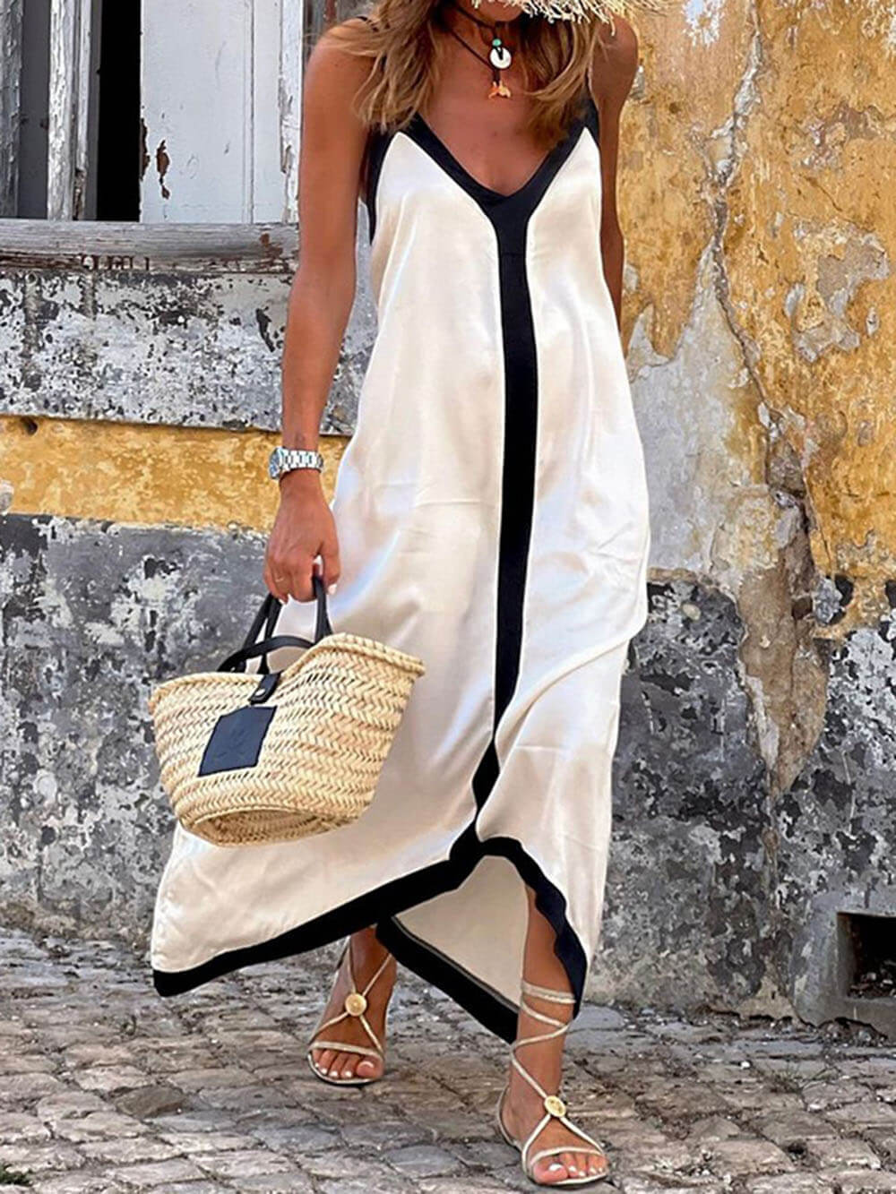 Spaghetti Straps Colorblock V-neck Midi Dress