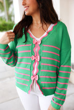 Load image into Gallery viewer, Green Stripped Bow Detail Trimmed Knit Cardigan
