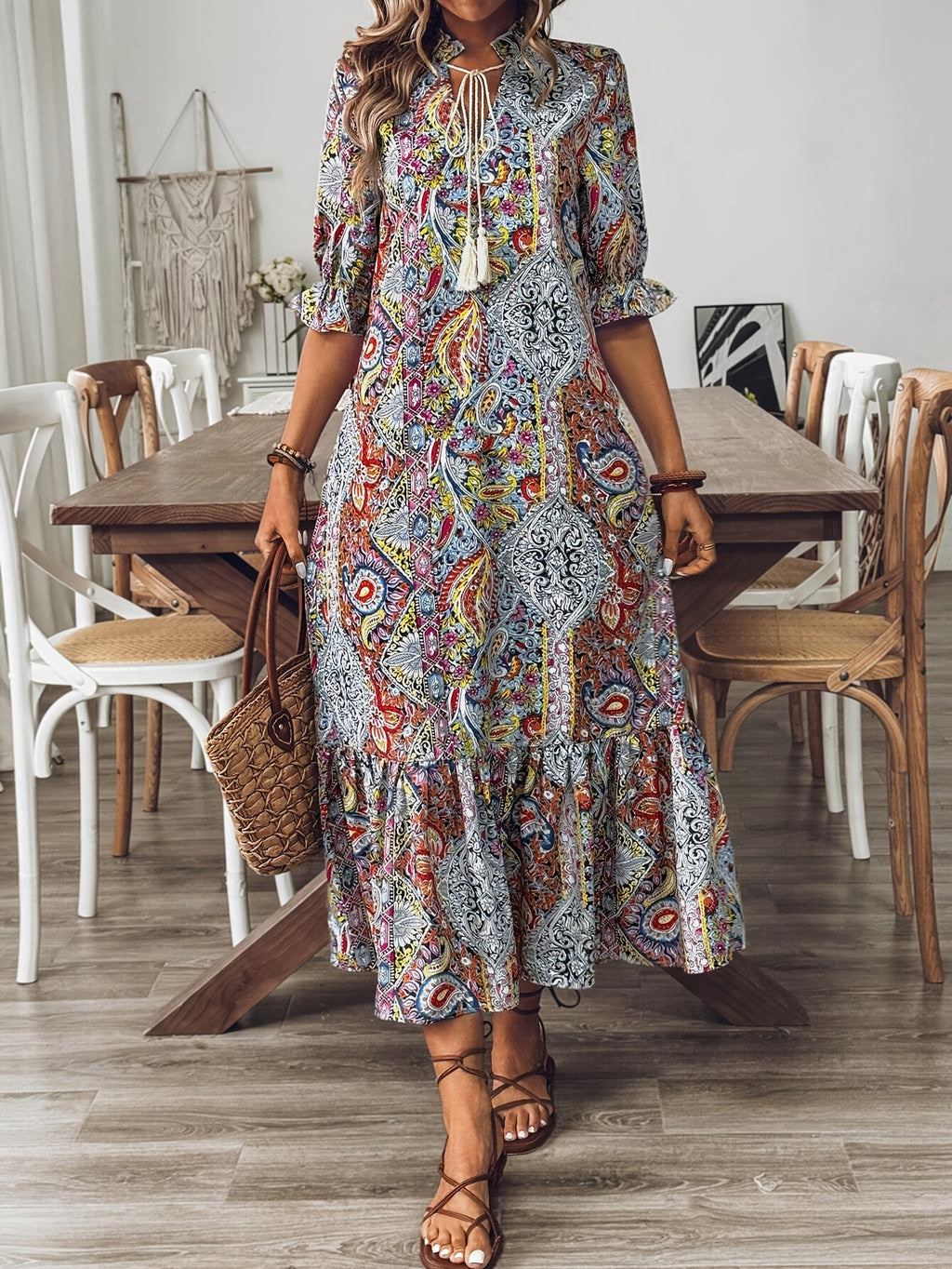 Elegant Boho Paisley Print Half Sleeves Ruffled Trimmed Midi Dress