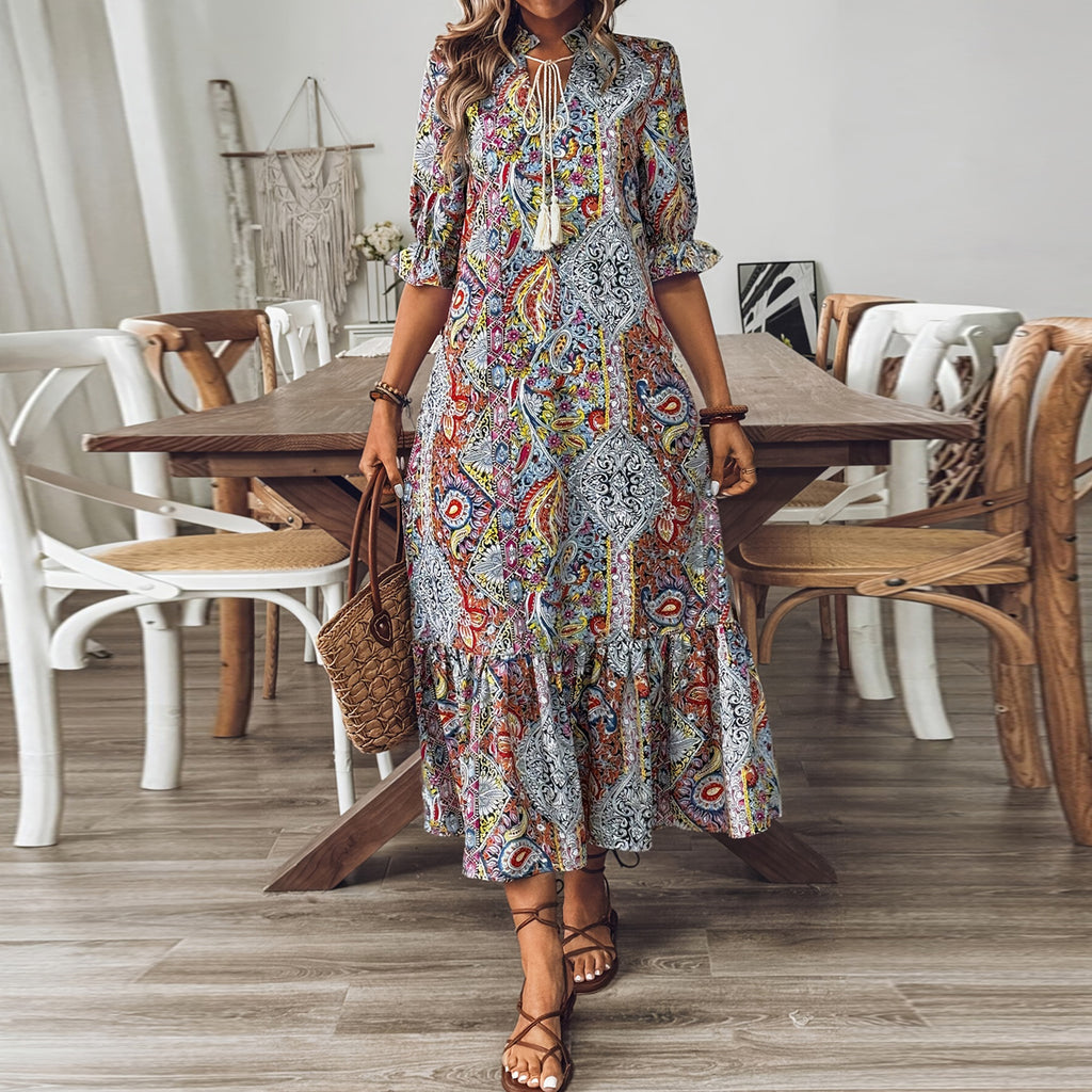 Elegant Boho Paisley Print Half Sleeves Ruffled Trimmed Midi Dress