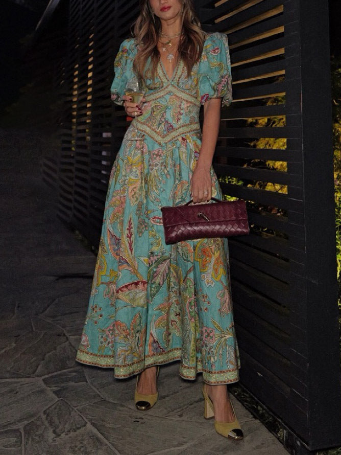 Vintage Short Sleeves V-neck Printed Maxi Dress