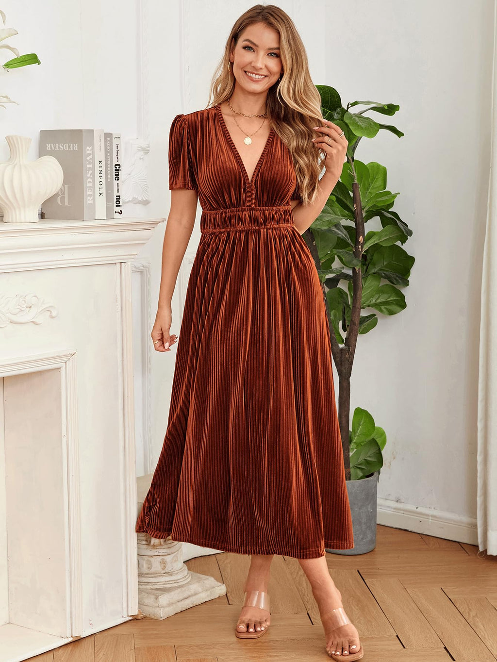 Elegant V-Neck Velvet Maxi Dress Wedding Guest Formal Party Long Dress