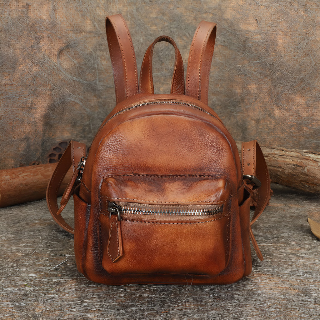 Cute Womens Mini  Brown Small Leather Backpack Bag Purses for Women